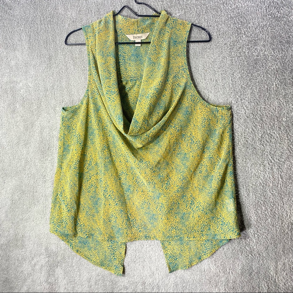 DECREE Blouse Women XL Sheer Cowl Neck Chiffon Blue Yellow Print Flowy Top Shirt